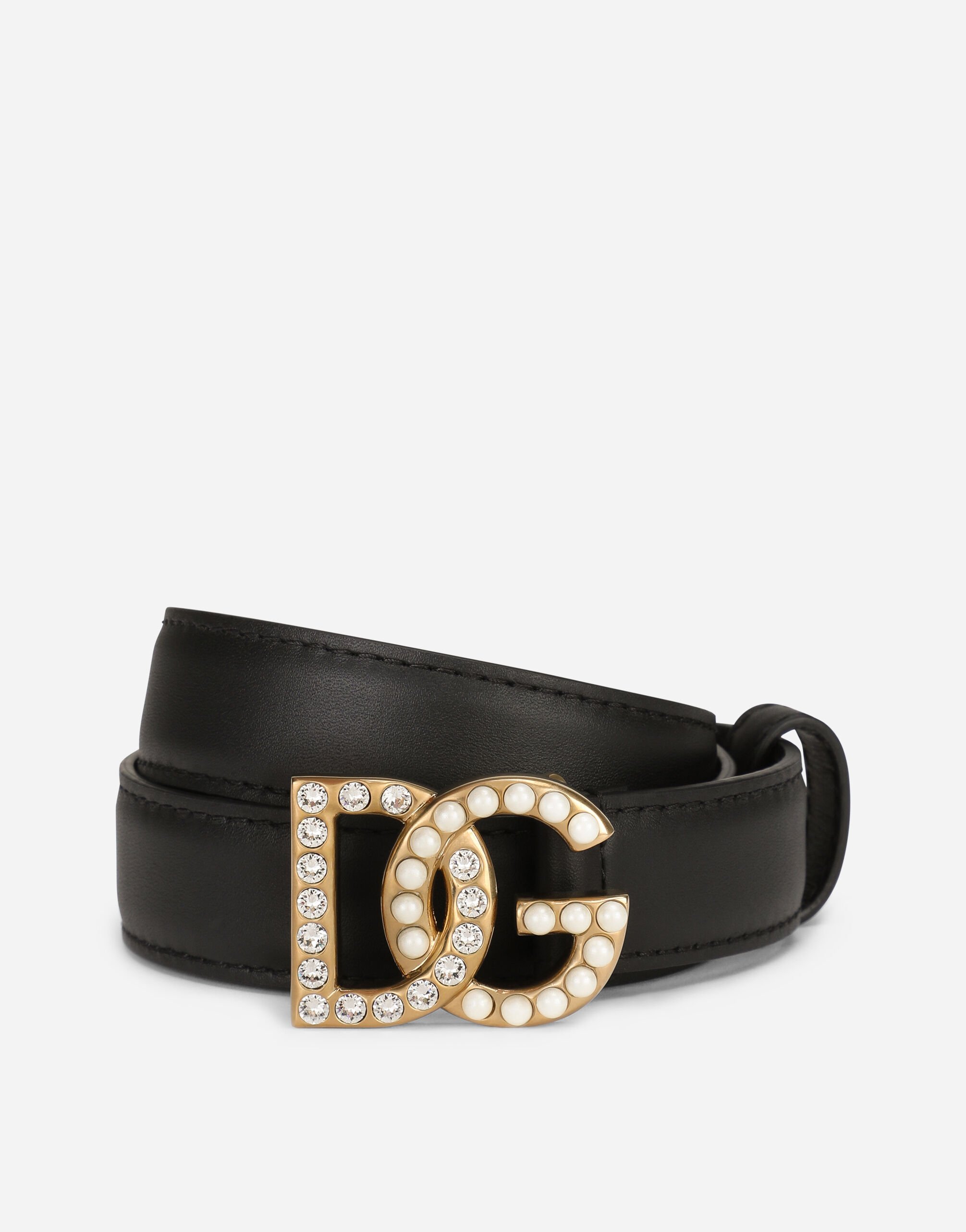 Calfskin belt with DG logo with rhinestones and pearls in
