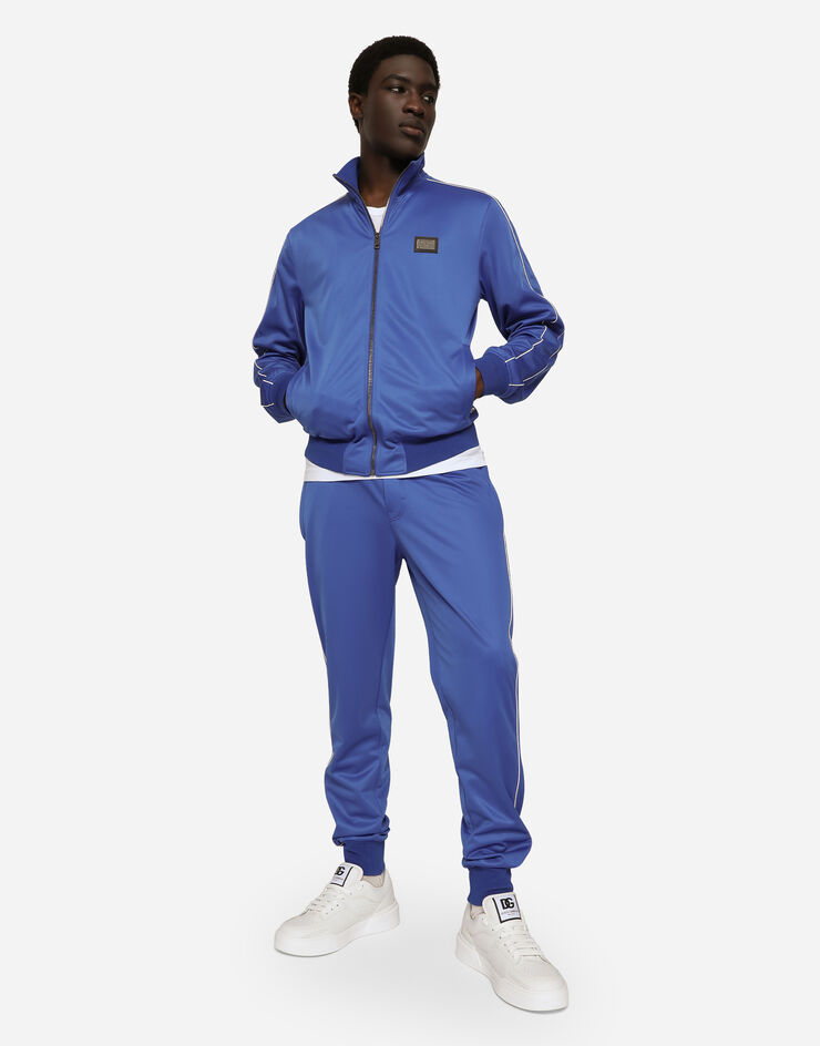 Dolce & Gabbana Sweat-shirt zippé en triacétate avec plaquette et bandes Bleu G9AOYTHU7B0