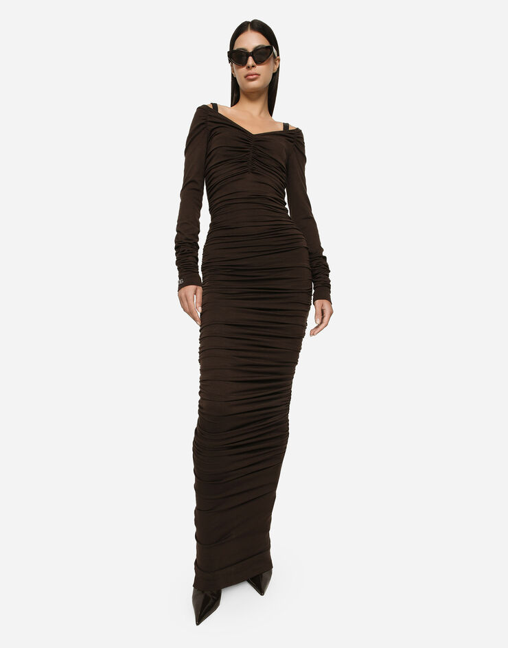 Dolce&Gabbana V-neck calf-length dress in wool jersey Brown F6COMTFUGRH