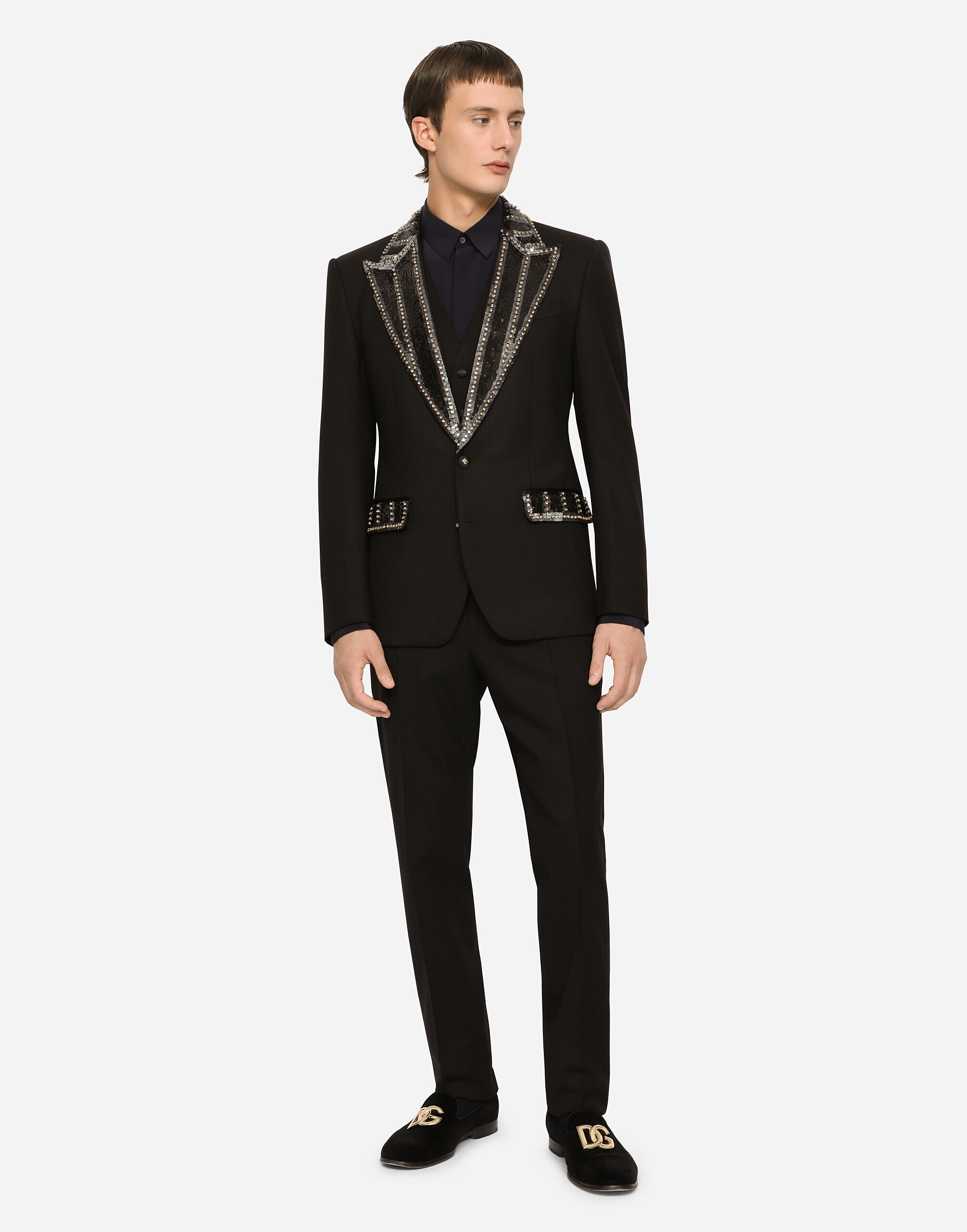 Three piece stretch wool Sicilia fit suit with rhinestones in Black for Men Dolce Gabbana US