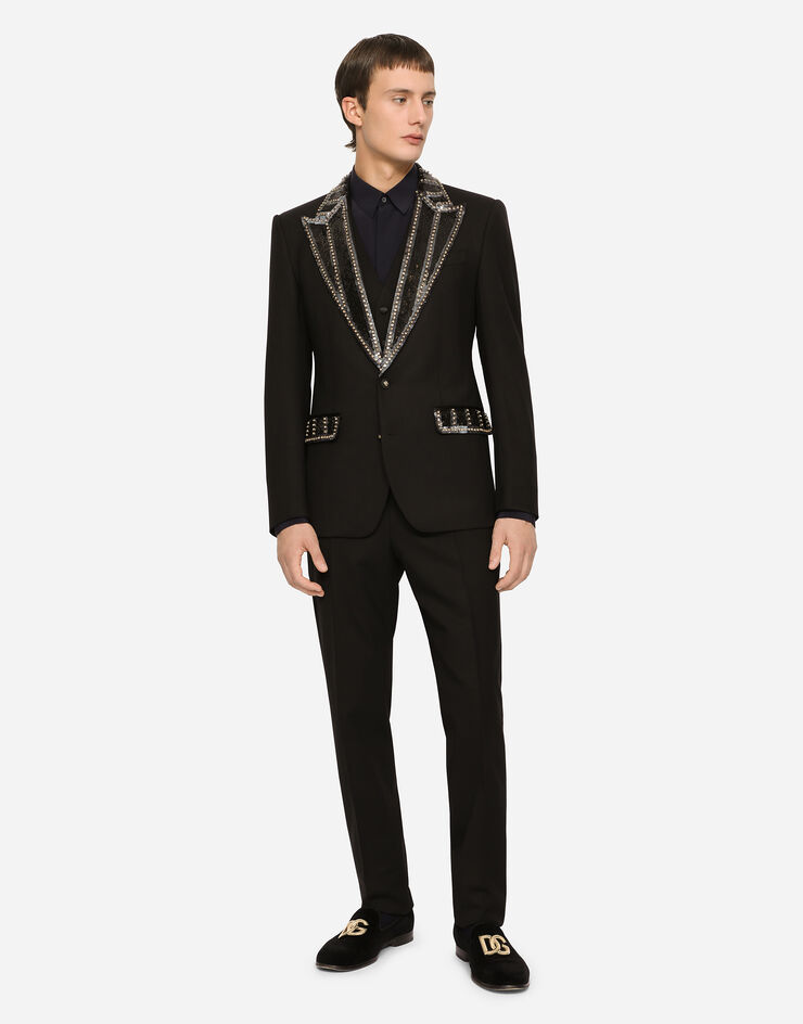 Dolce & Gabbana Three-piece stretch wool Sicilia-fit suit with rhinestones Black GKGIMZFUBE7