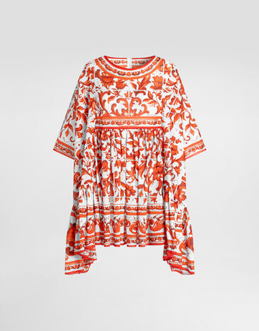 Dolce & Gabbana Long kaftan dress in majolica-print cotton Multicolor F614OTGDDRK