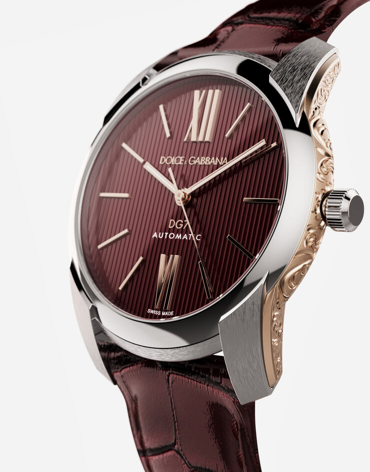 Dolce & Gabbana Orologio DG7 in acciaio con fianchi incisi in oro Bordeaux WWEE1MWWS09