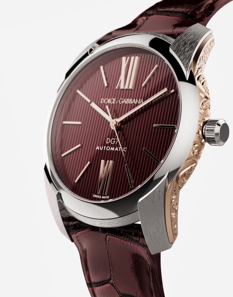 Dolce & Gabbana DG7 watch in steel with engraved side decoration in gold Bordeaux WWEE1MWWS09