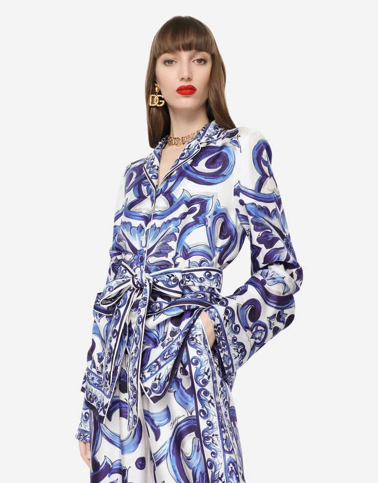Dolce & Gabbana Chemise de pyjama en sergé à imprimé majoliques Multicolore F5N53THI1BB