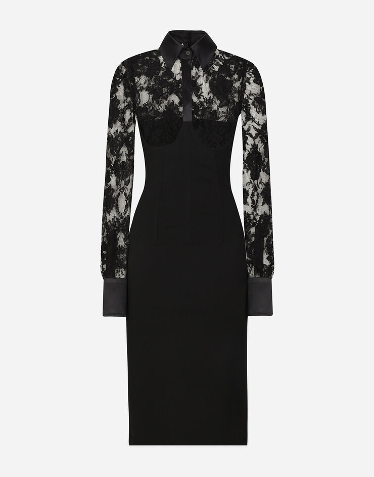 Dolce & Gabbana Calf-length jersey and lace dress with corset details Black F6JFZTGDCH0