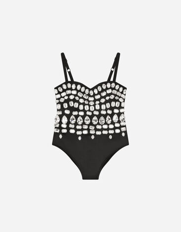 Dolce & Gabbana Body aus Stretchsatin mit Thermostrass Print L56S24HS5SU