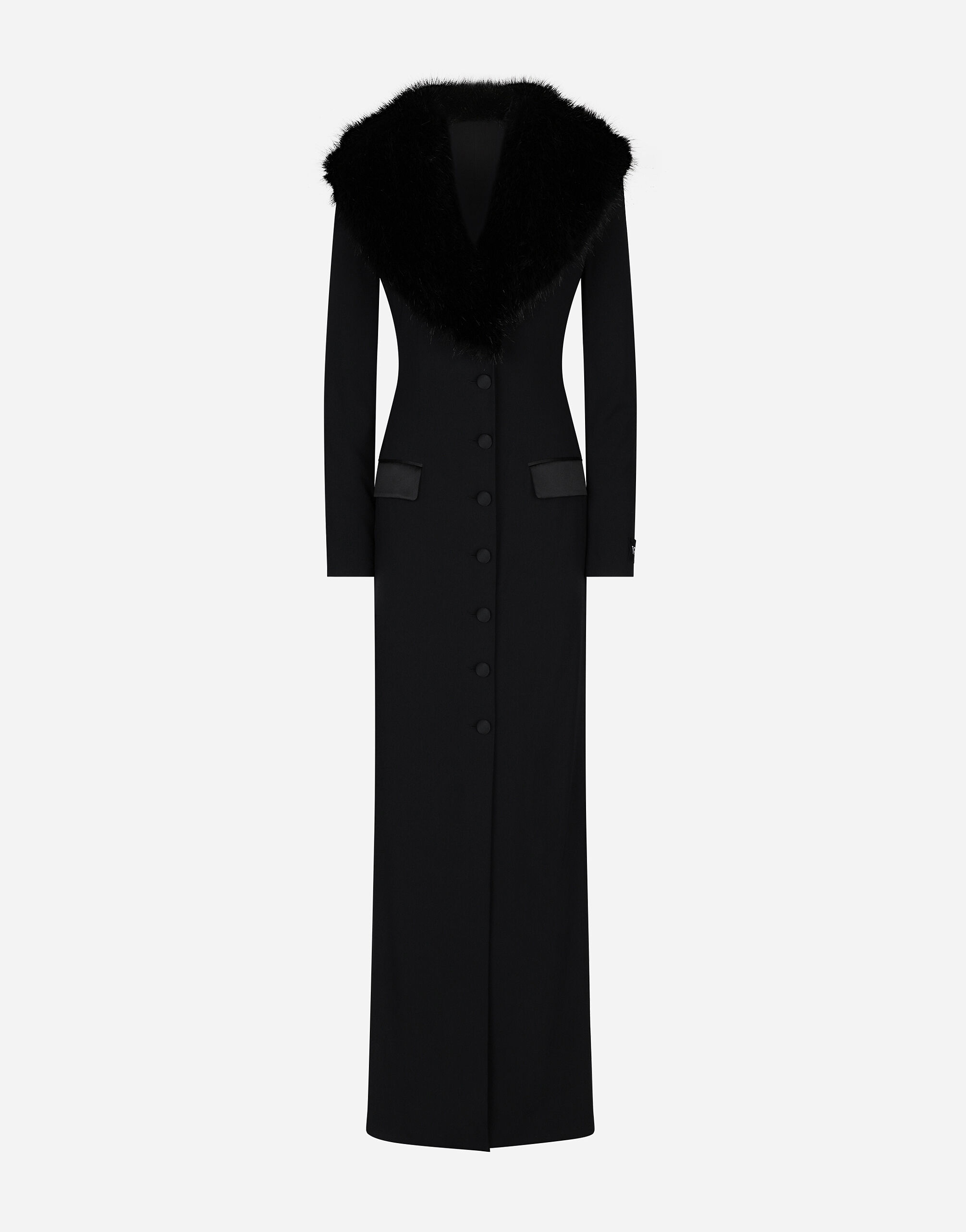 Dolce & Gabbana Langer Mantel aus Seidengeorgette mit Kunstfellkragen Schwarz F6DFDTFLSIO