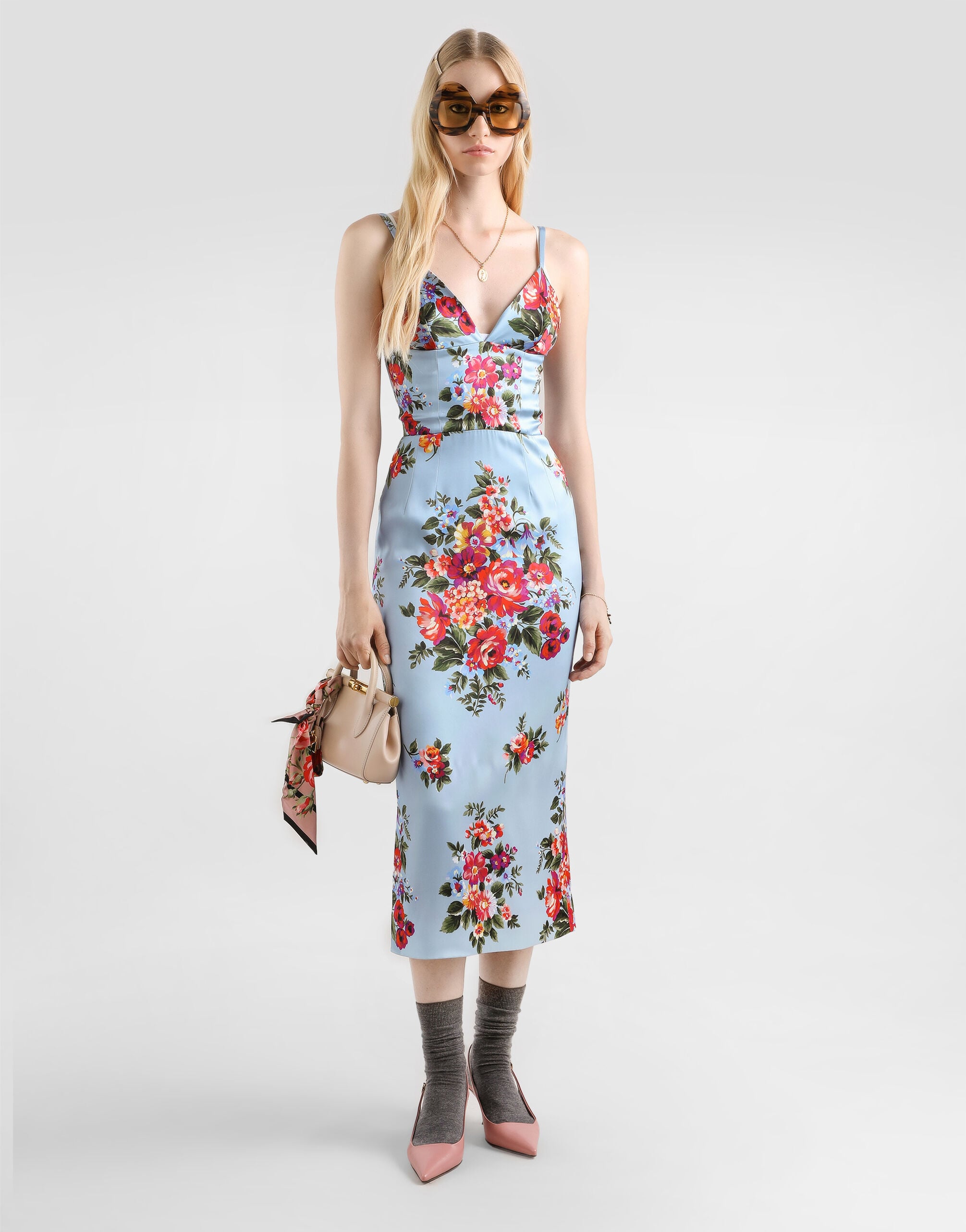 Flower bouquet-print satin dress in Multicolor for Women