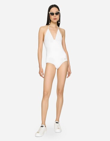 Dolce & Gabbana One-piece swimsuit with plunging neckline White O9A73JFUGA2