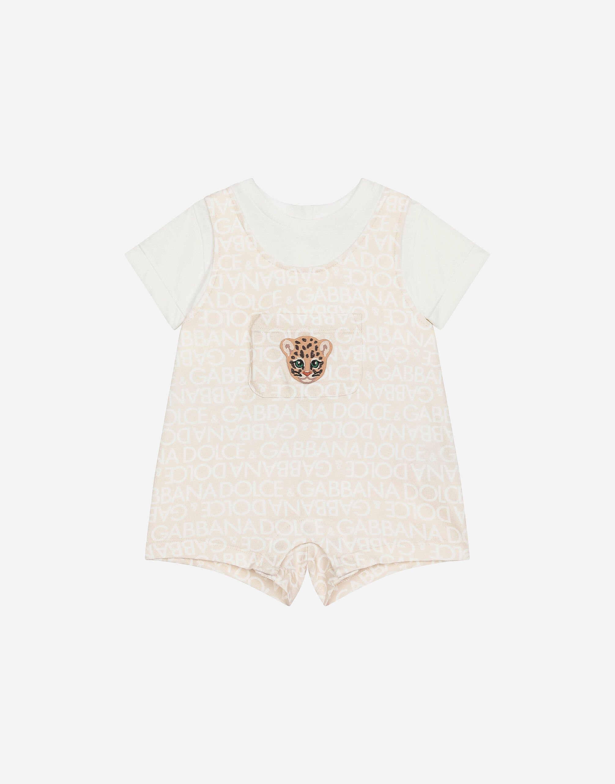 Dolce & Gabbana Jersey onesie with all-over logo print and patch Beige LNJA88G7L5F