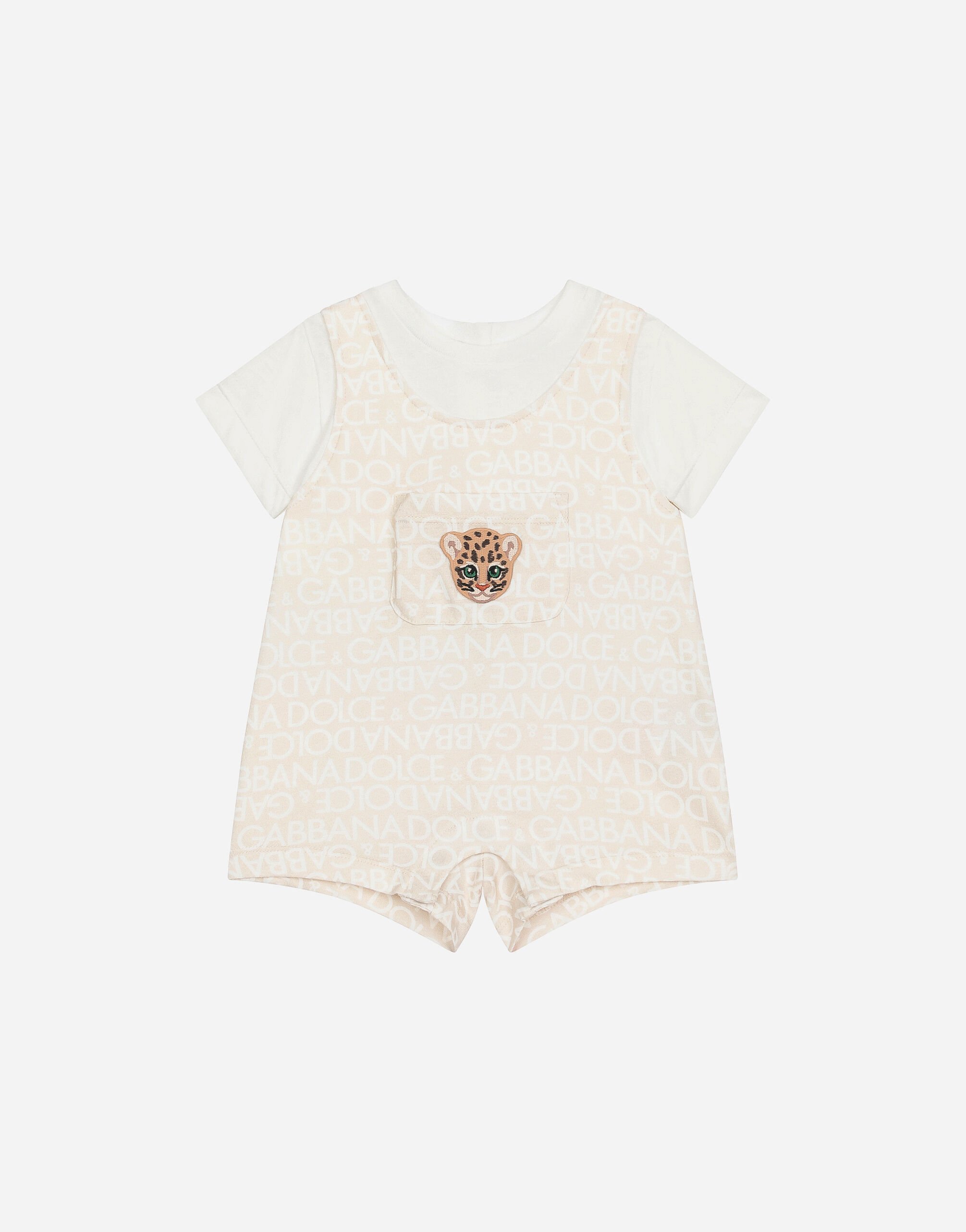 Jersey onesie with all over logo print and patch in Beige for Boys Dolce Gabbana