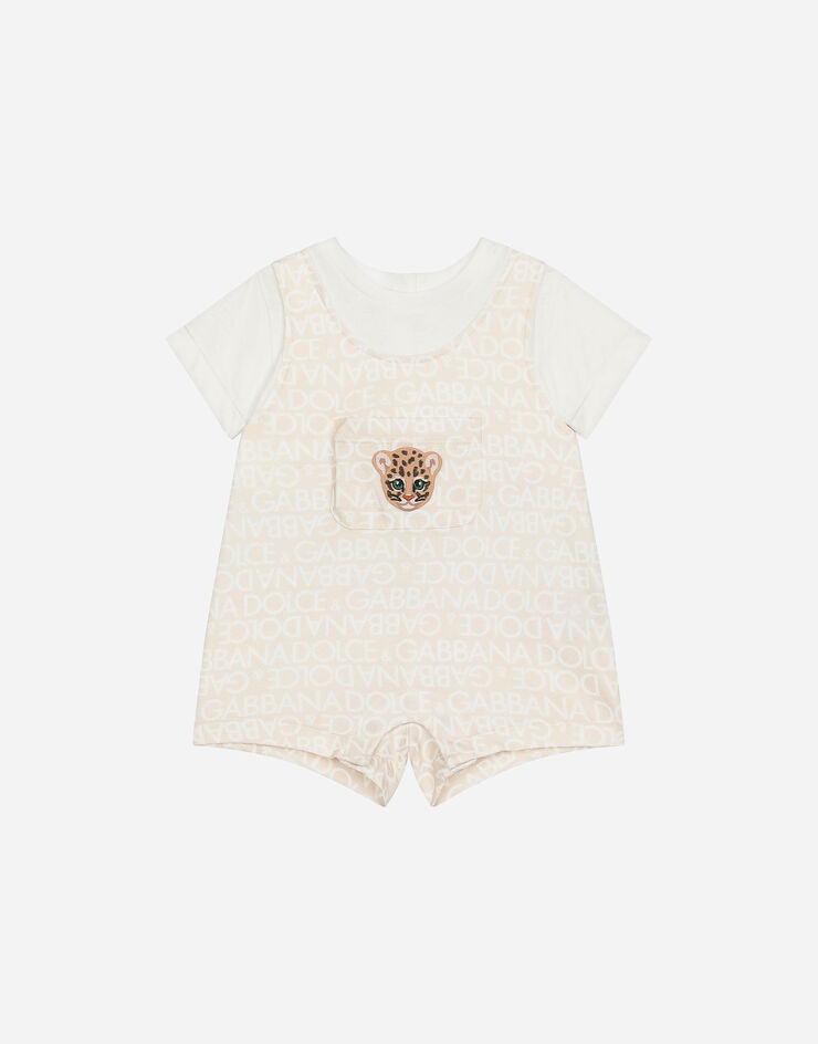 Dolce & Gabbana Jersey onesie with all-over logo print and patch Beige L1JO6KG7L5G