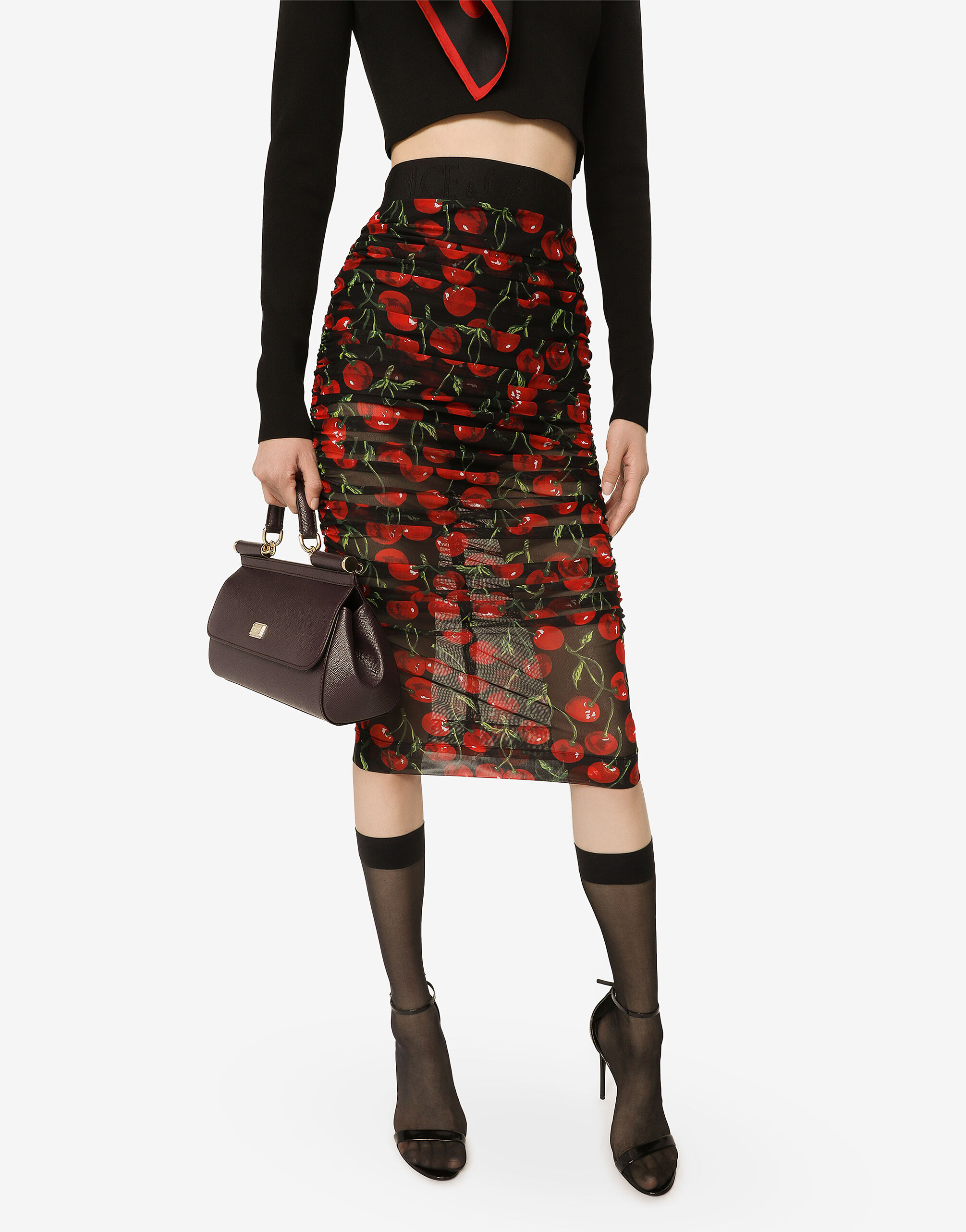 Cherry print tulle midi skirt with branded elastic and draping in