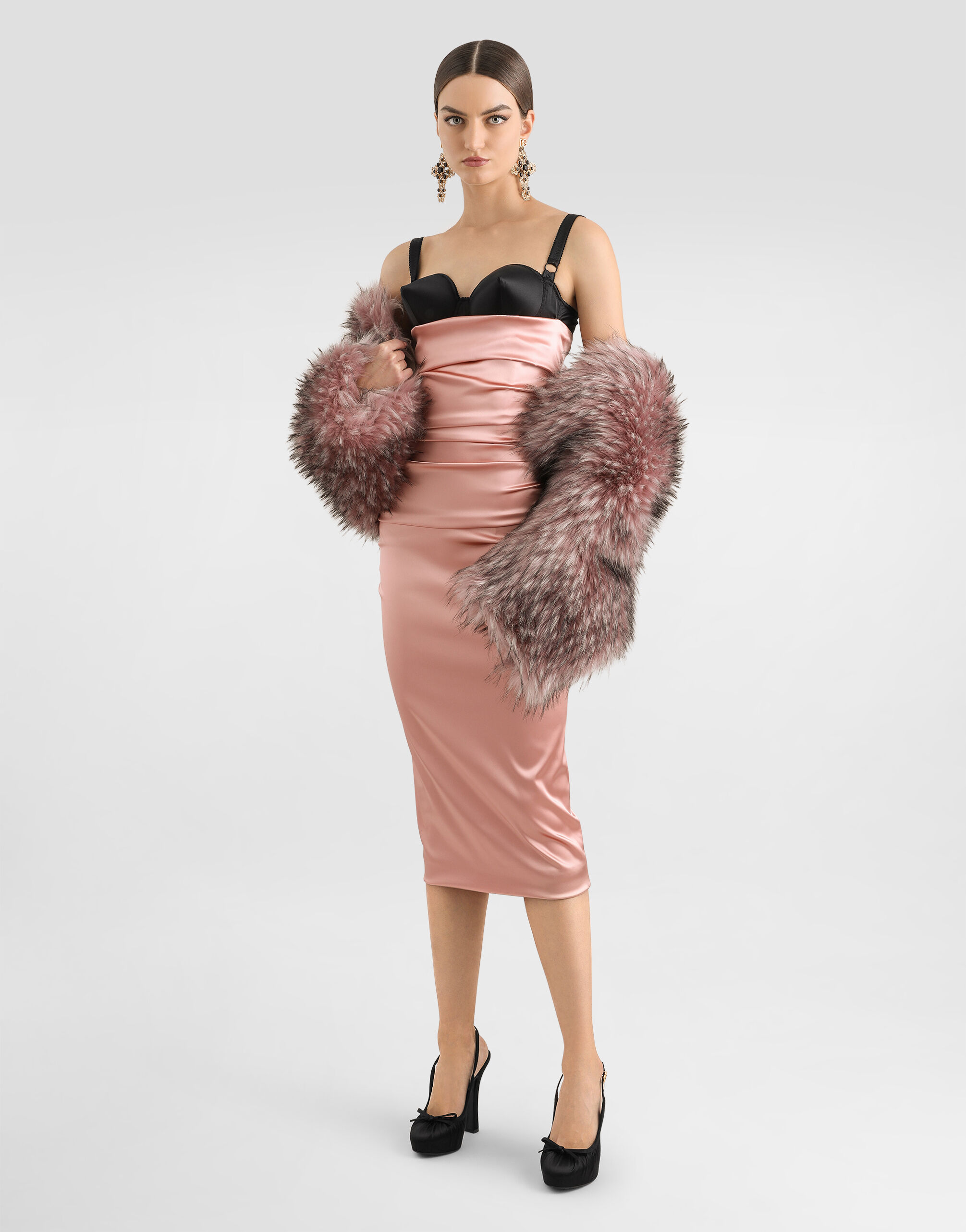 Draped satin calf-length dress with bra-style cups in Beige