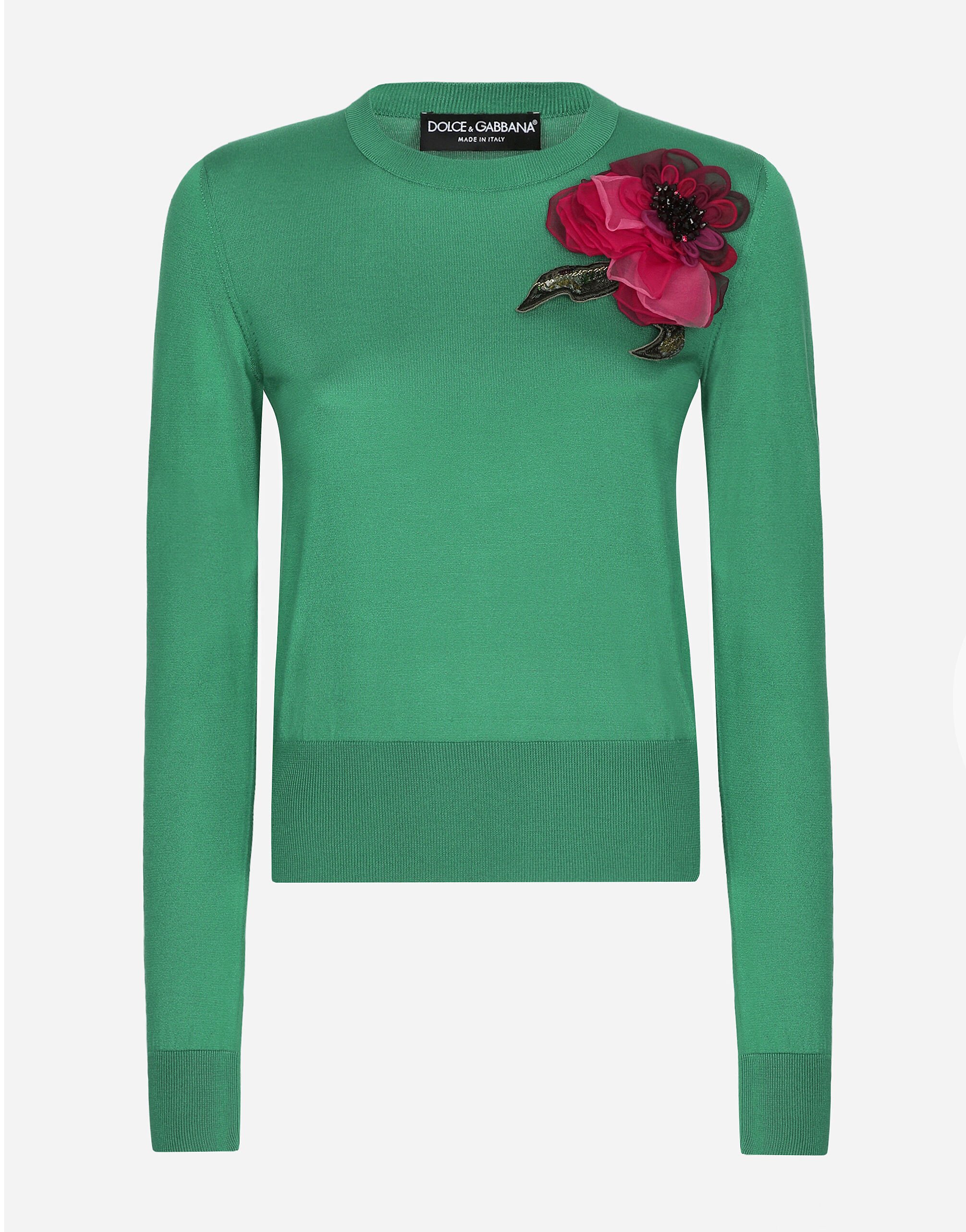Dolce & Gabbana Pullover aus Seide mit Blumenapplikation Rosa FXV07ZJBSHX
