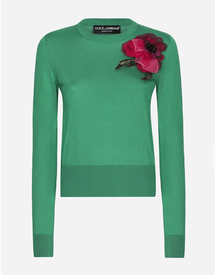 Dolce & Gabbana Jersey de seda con aplicación de flor Verde FXX12ZJBSHX