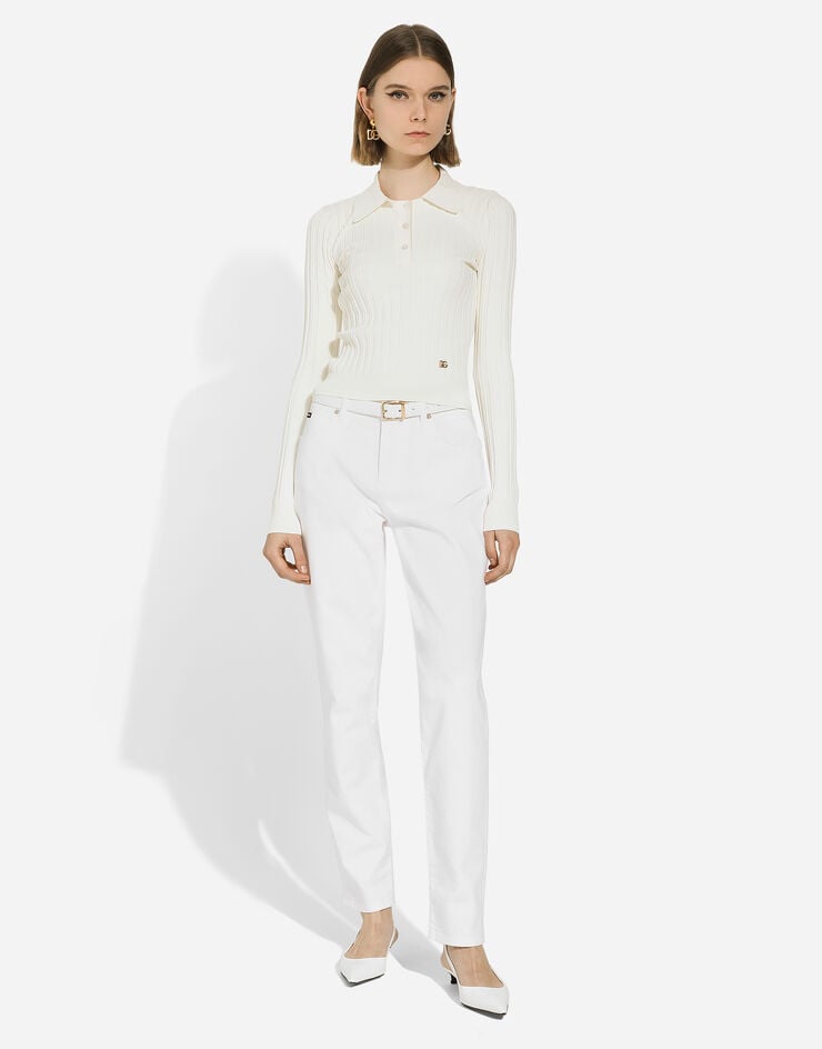 Dolce & Gabbana قميص بولو فيسكوز مضلع كروب بشعار DG أبيض FXZ02TJDMA2