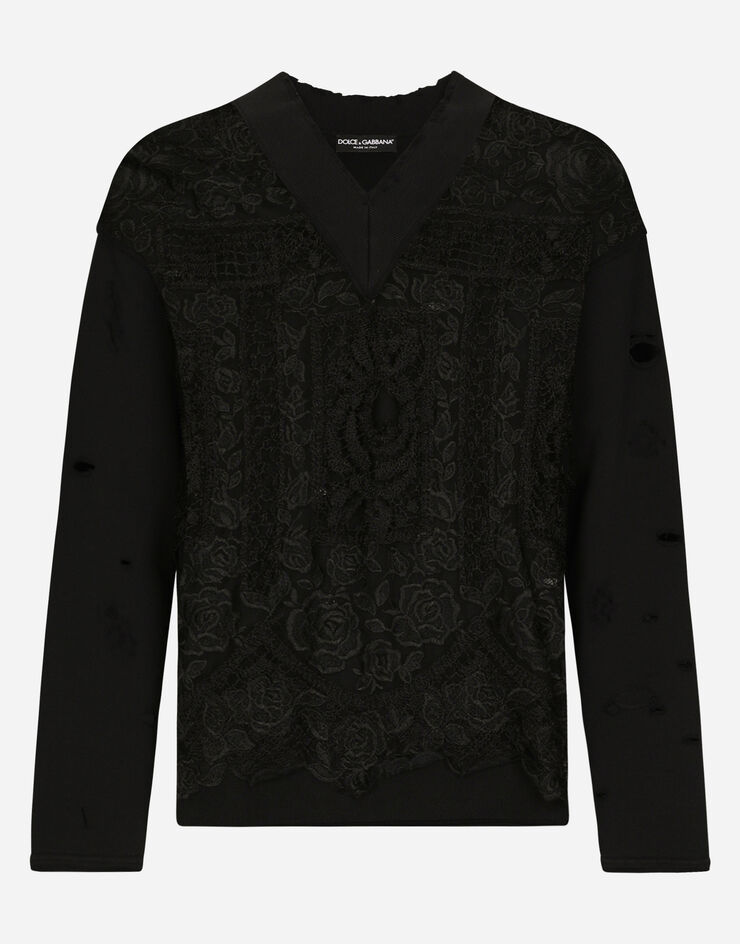 Dolce & Gabbana Sweatshirt aus besticktem Tüll und Jersey Schwarz G9ADKTHLMO4