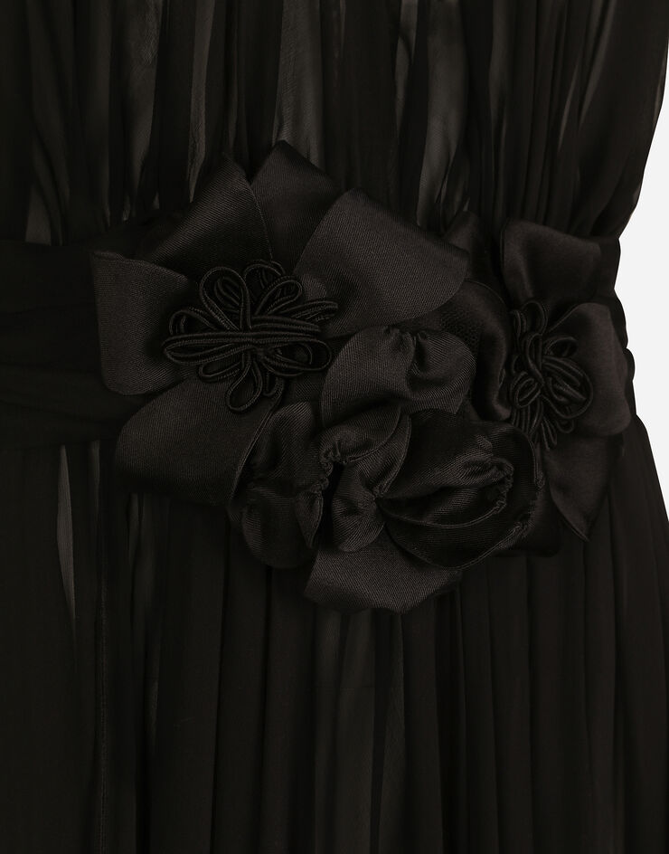 Dolce&Gabbana Long silk chiffon dress with floral appliqué Noir F6DJSTFU1AT
