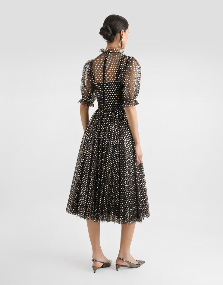 Dolce & Gabbana Calf-length tulle babydoll dress with sequin embellishment Gold F6TKQTFLSHD