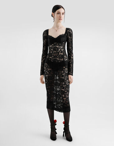 Dolce & Gabbana Calf-length floral lace dress with bra-style cups Black F6JMRTFLUBV