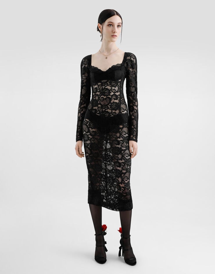 Dolce & Gabbana Longuette-Kleid aus floraler Spitze mit BH-Cups Schwarz F6JMRTFLUBV
