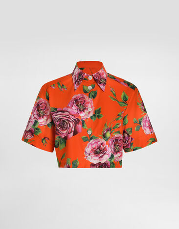 Dolce & Gabbana Short cotton shirt with antique rose print Print F5Q20THS5TI