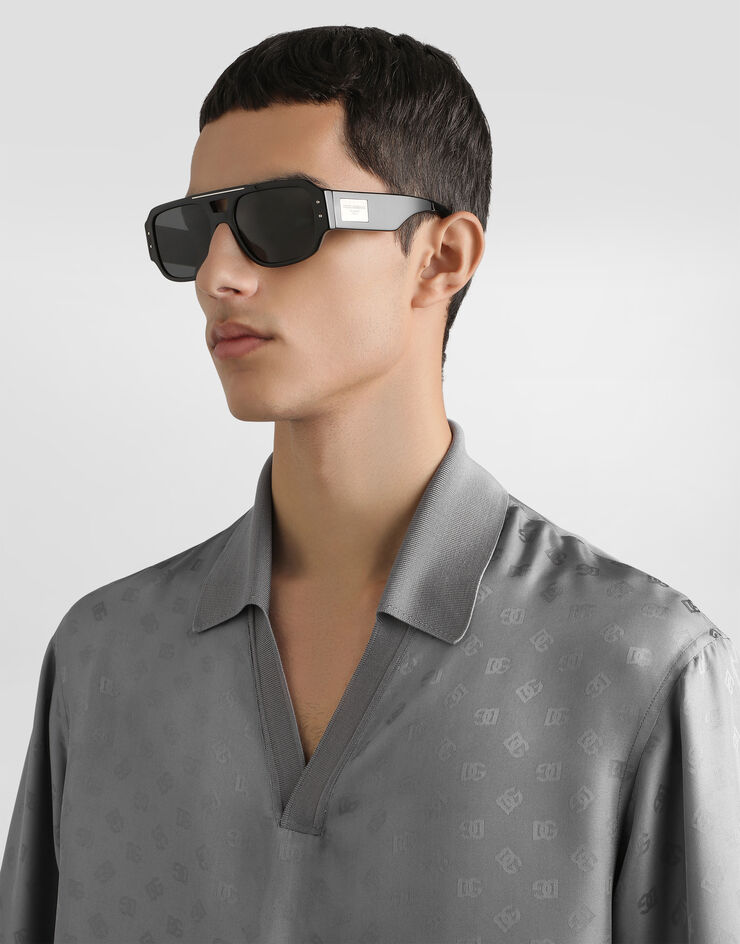 Dolce & Gabbana Silk jacquard polo shirt with DG logo Grey G8ST9TFJ1JY