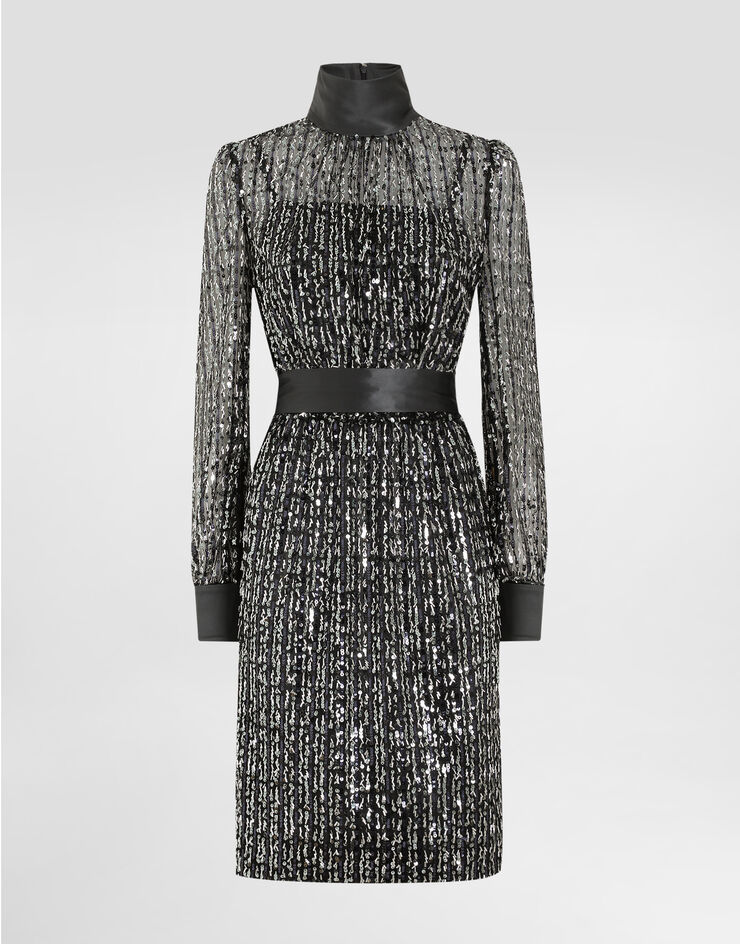 Dolce & Gabbana Abito midi con ricamo a righe verticali in paillettes Nero F6TJYTFLSKB