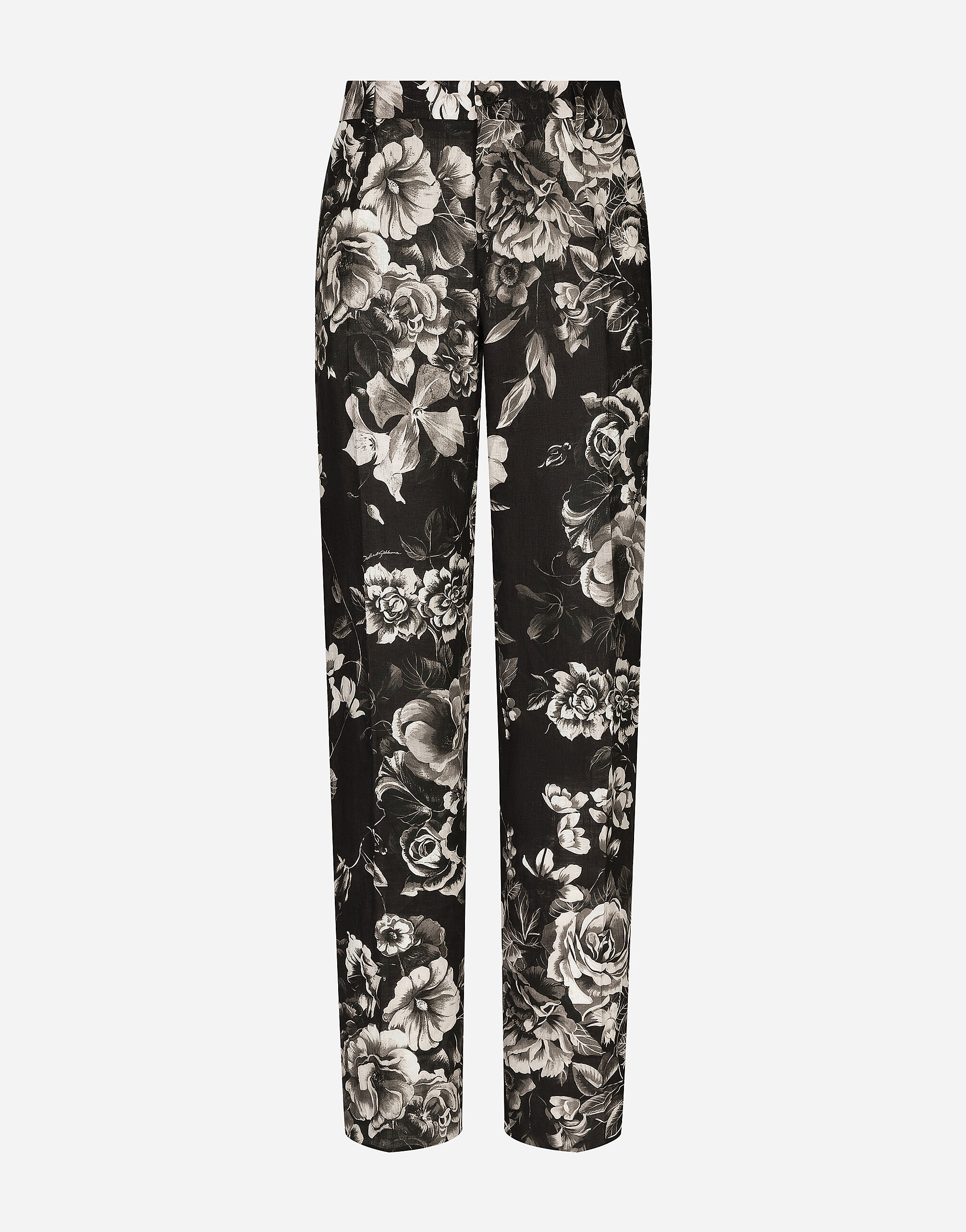 Dolce & Gabbana Pantalon classique en lin à imprimé fleurs Multicolore GY6UETFR4BP