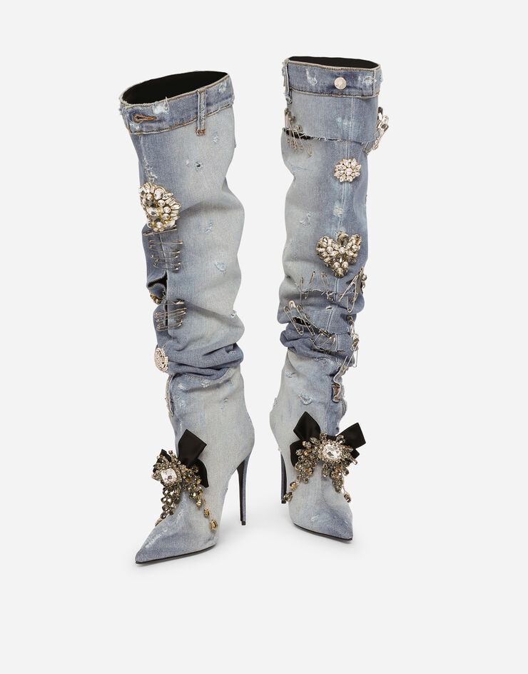 Dolce & Gabbana Patchwork denim boots with embroidery Blue CU0960AJ080