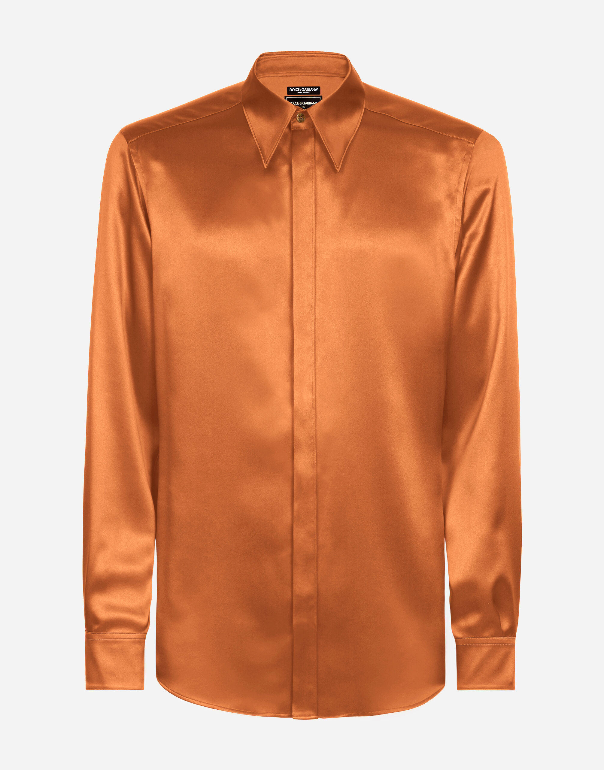 Dolce & Gabbana Silk satin Martini-fit shirt with metal DG logo Beige GYZMHTFUBGF