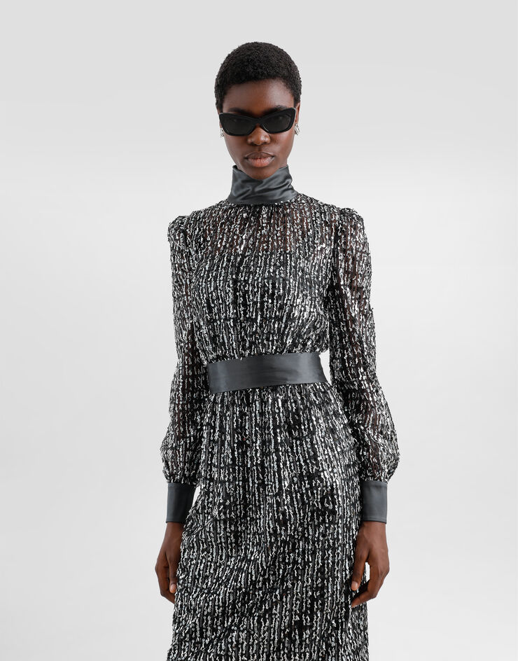 Dolce & Gabbana Abito midi con ricamo a righe verticali in paillettes Nero F6TJYTFLSKB