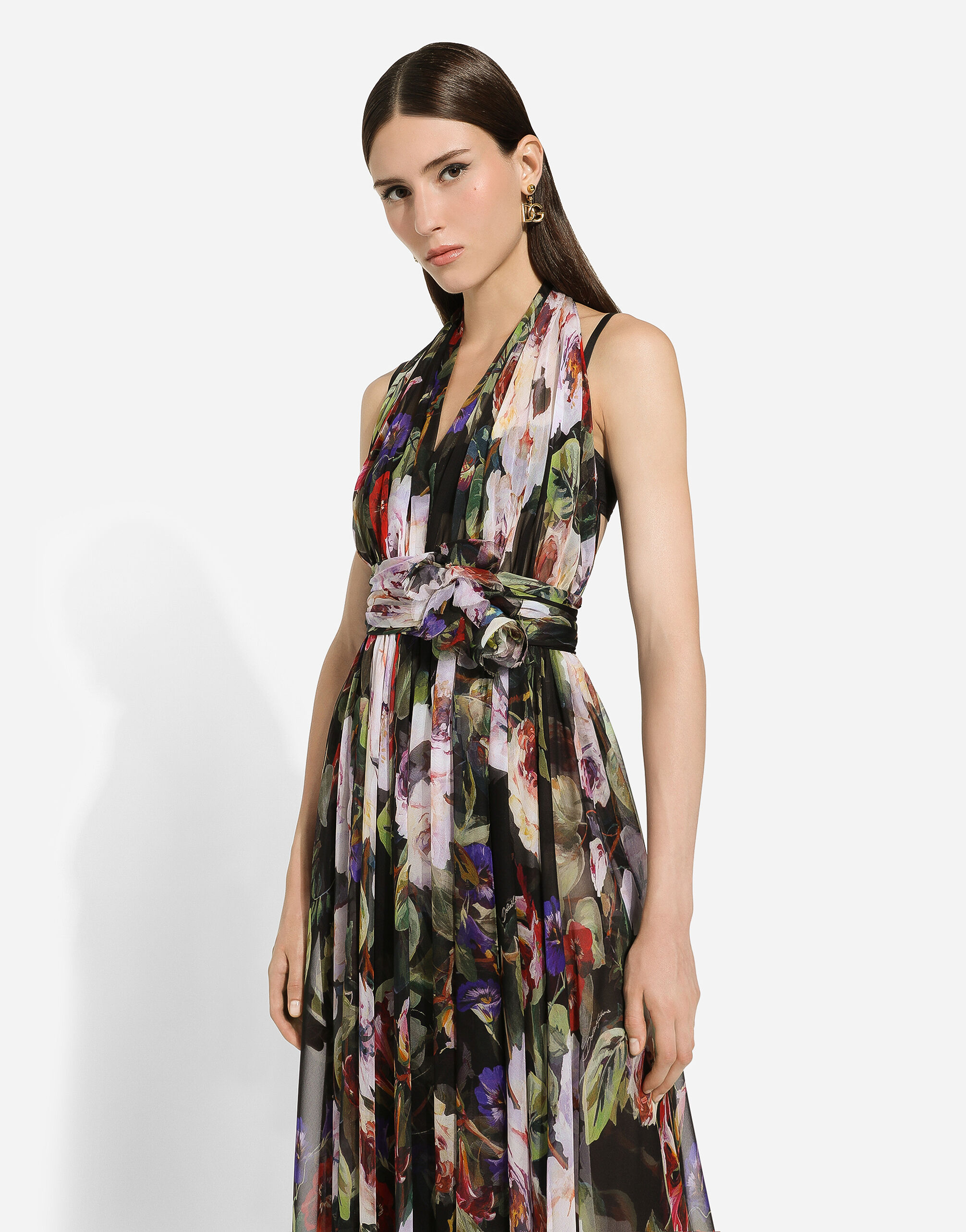 Chiffon calf length dress with rose garden print in Print for for