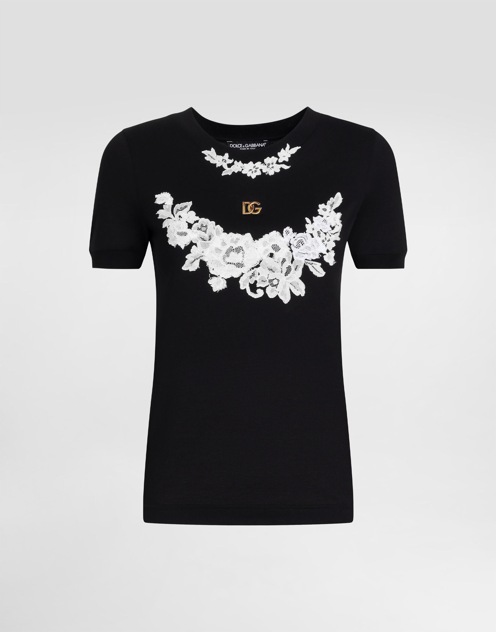 トップス dolce&gabbana lace logo t-shirt Jersey T-shirt with DG logo and lace details in Black for Women