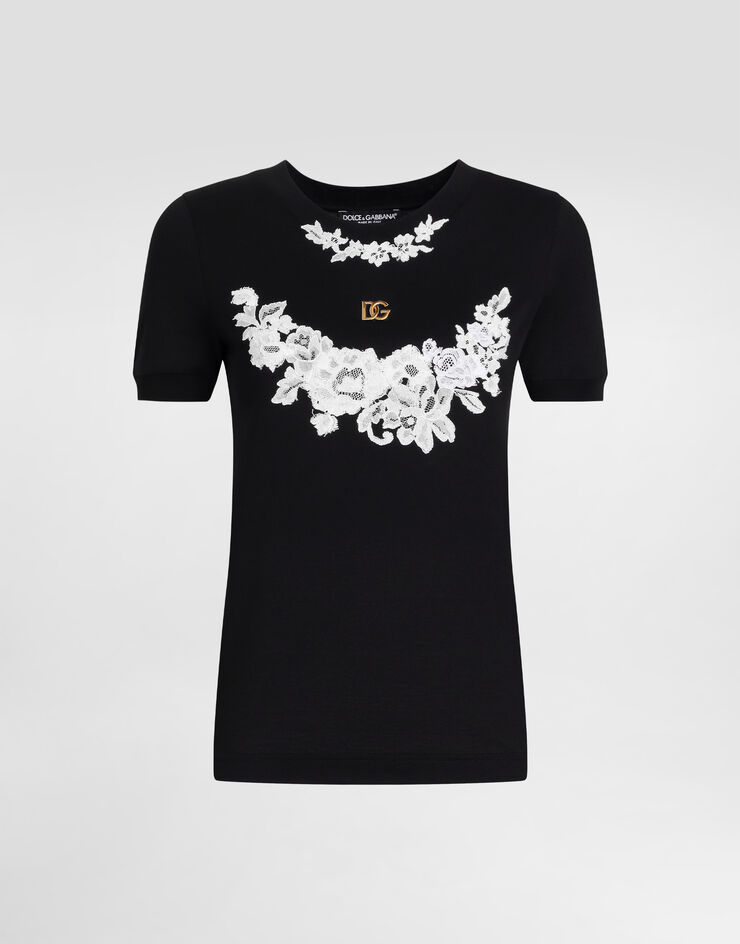 Dolce & Gabbana DG 徽标与蕾丝细节平纹针织 T 恤 黑 F8N08TGDCTJ