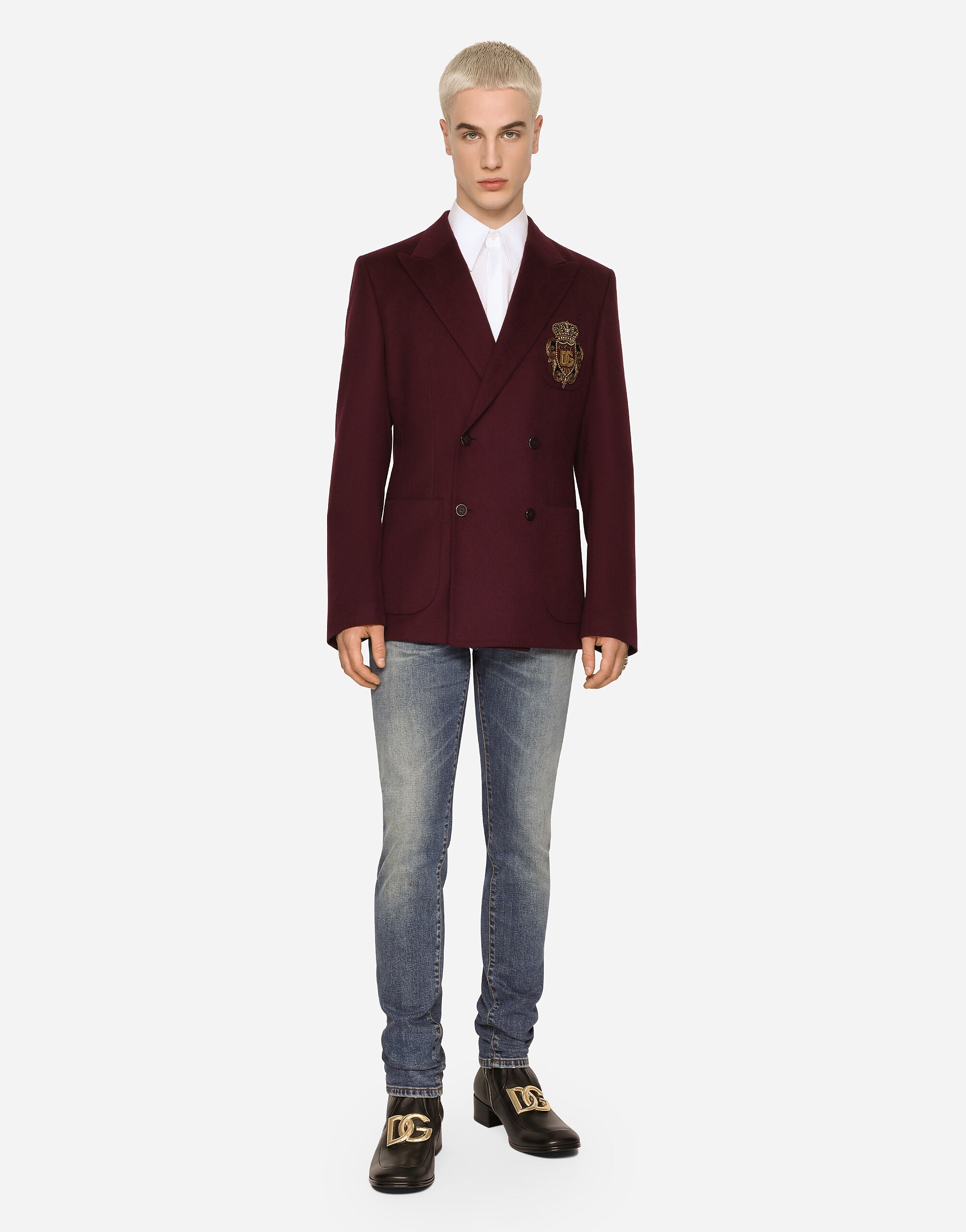 Double-breasted wool and cashmere jacket with DG patch in