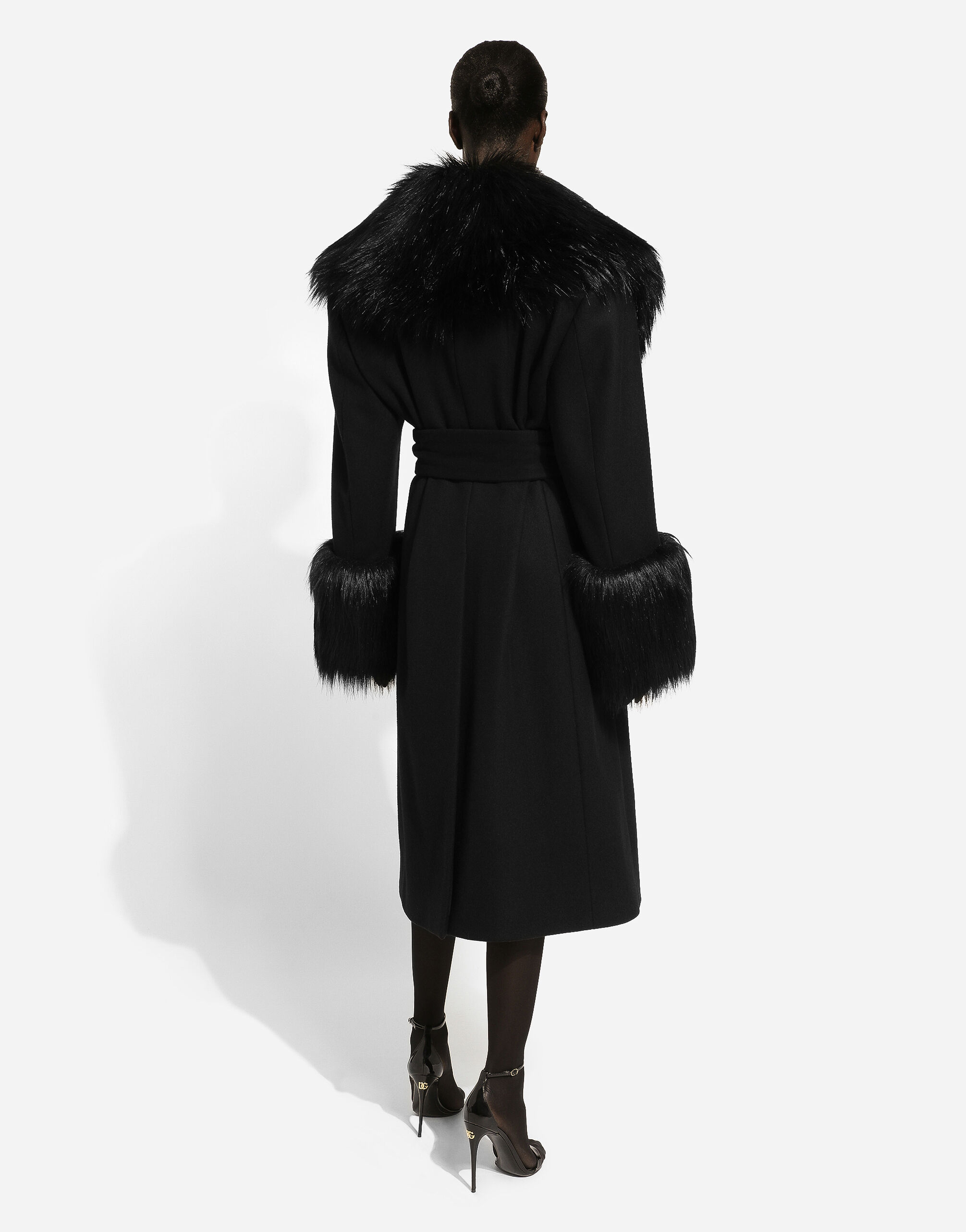 Manteau en laine et cachemire avec col en fourrure synthetique en Noir pour femme Dolce Gabbana