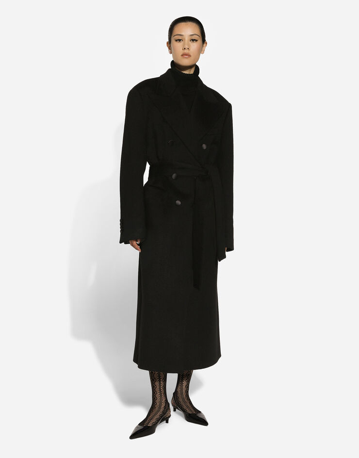 Dolce & Gabbana معطف بيز كشمير بصف أزرار مزدوج بحزام أسود F0E2QTFU292