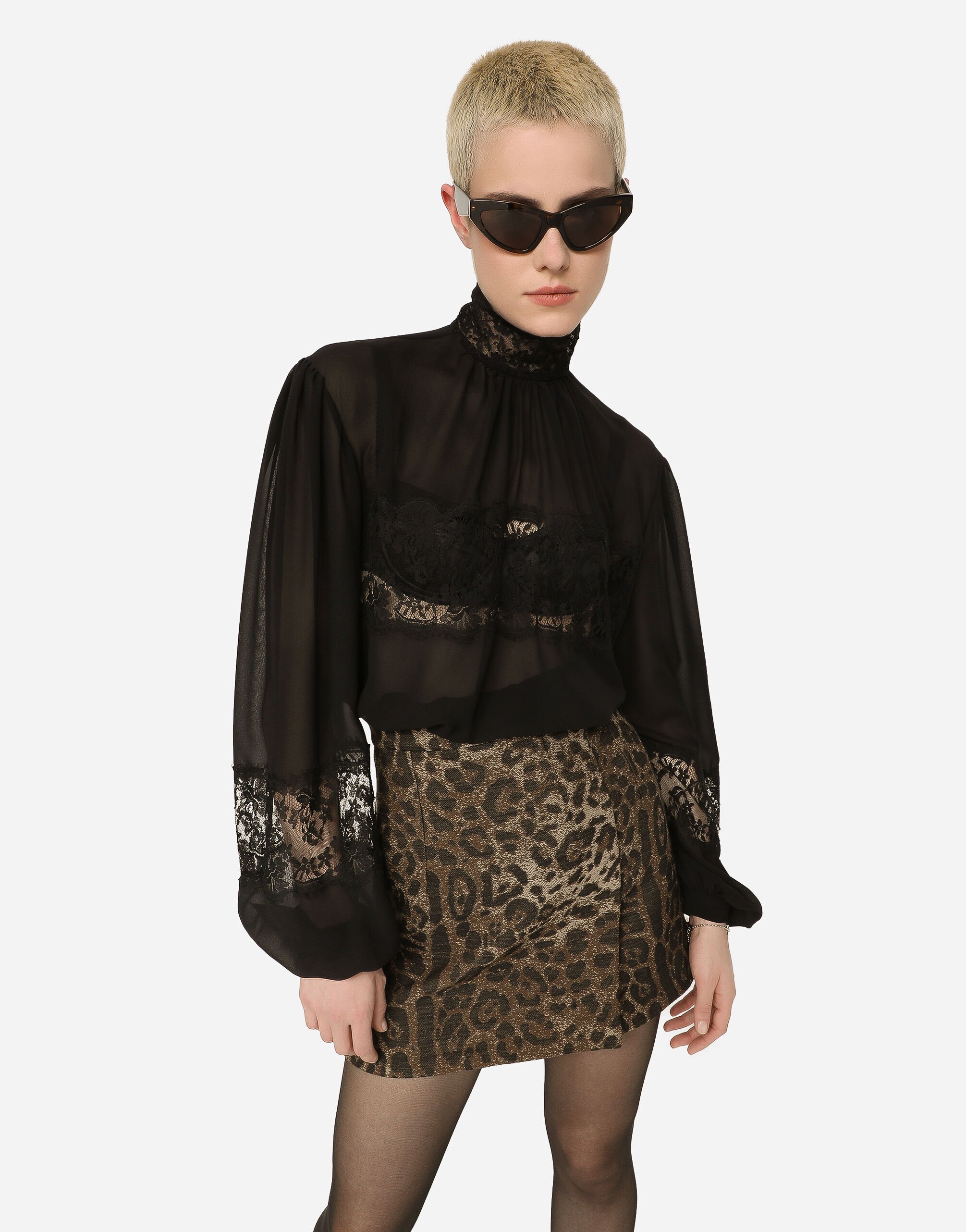 Georgette and lace turtle neck blouse in Black for Women Dolce Gabbana