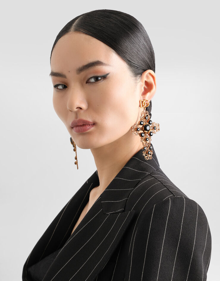 Dolce & Gabbana Drop earrings with filigree cross and DG logo Gold WER4C1W1111