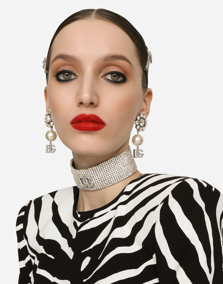 Dolce & Gabbana Earrings with rhinestones, pearls and DG logo Silver WEO6Z6W1111