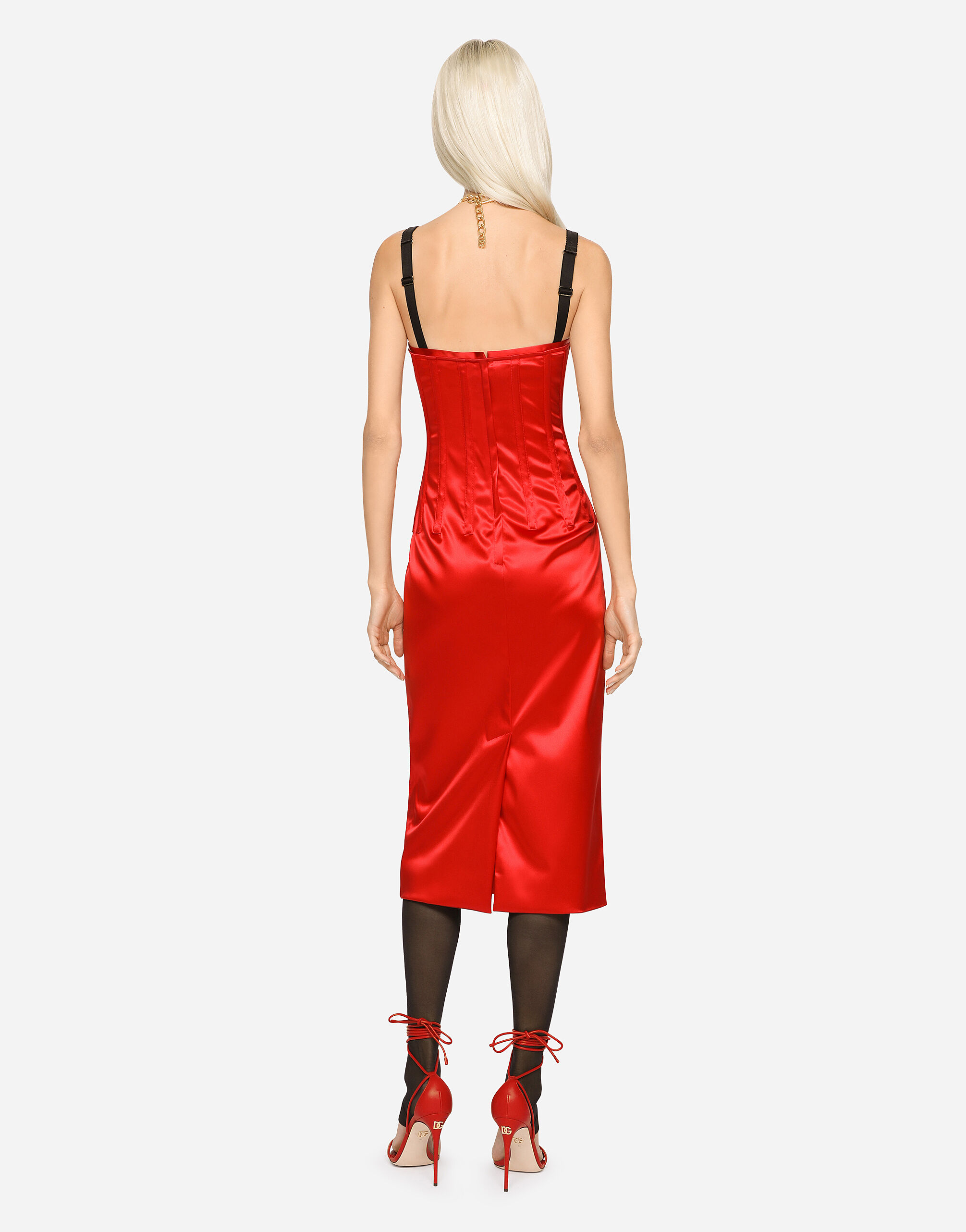 Satin calf length dress with corset details in Red for Women Dolce Gabbana
