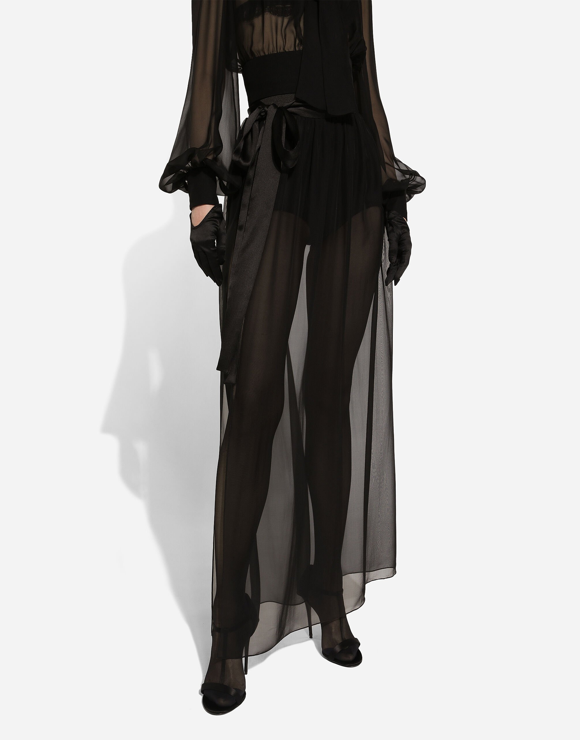 送料無料 百貨店 in belt with skirt chiffon silk Long Black Women for スカート