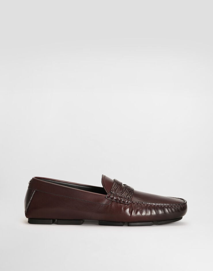 Dolce & Gabbana DG driver calfskin slipper with crocodile inserts Bordeaux A50736A2K02