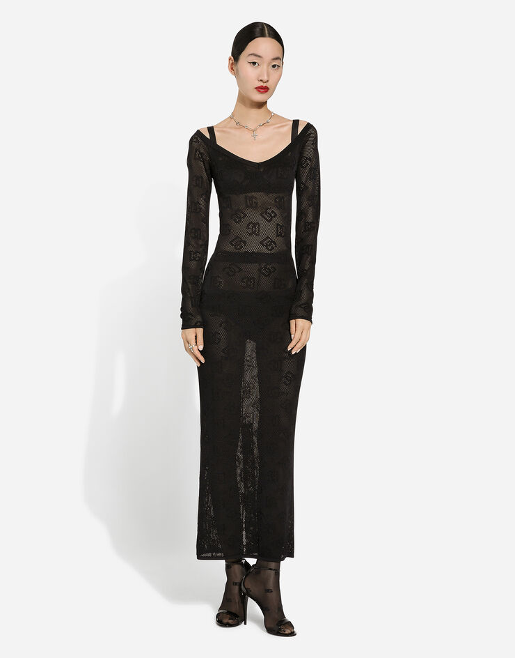 Dolce & Gabbana فستان ضيق بغرزة شبكية وشعار DG جاكار أسود FXS04TJFMAL