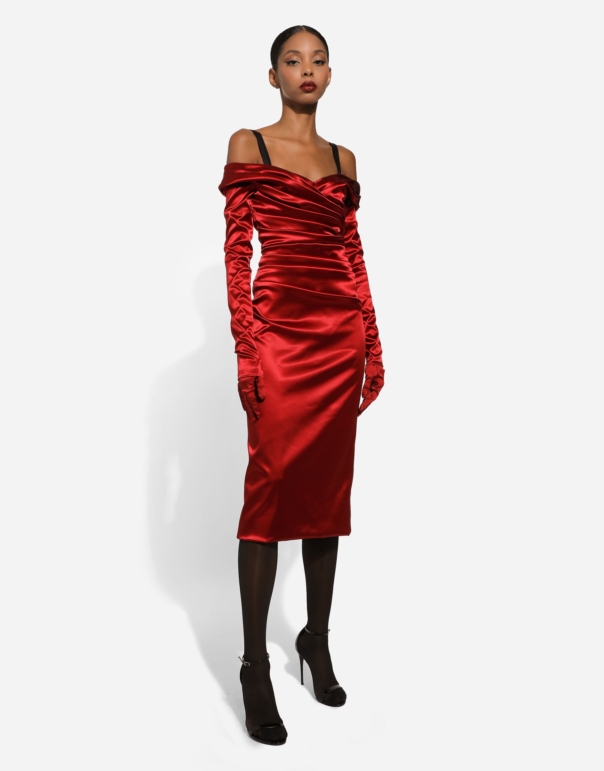 Satin draped calf length dress in Red for Women Dolce Gabbana US