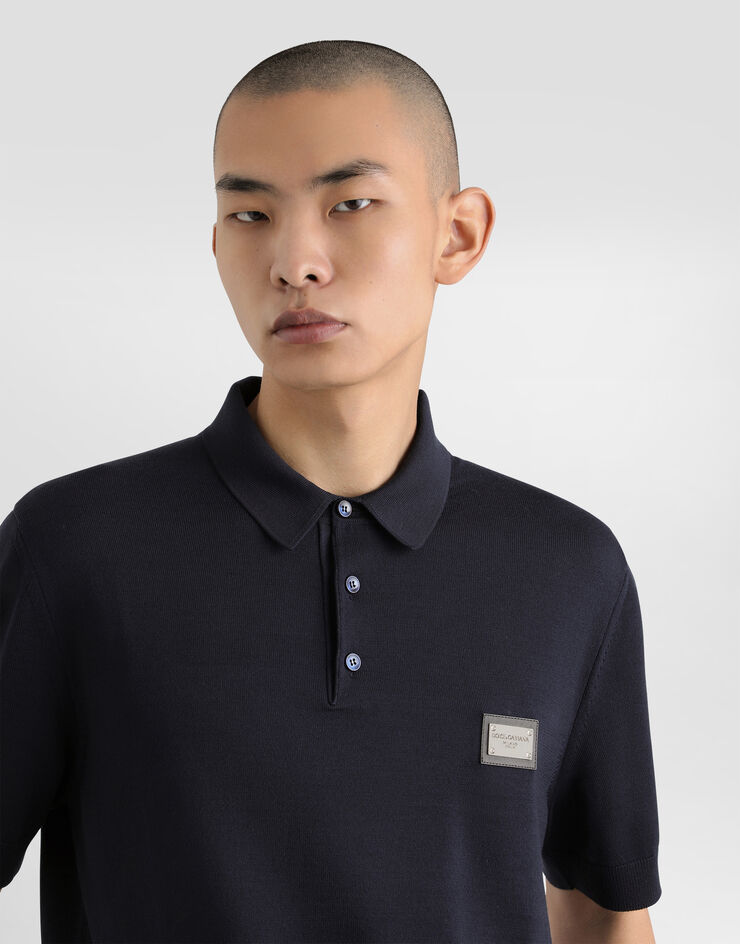 Dolce & Gabbana Wool polo-shirt with branded tag Blue GXO38TJCVC7