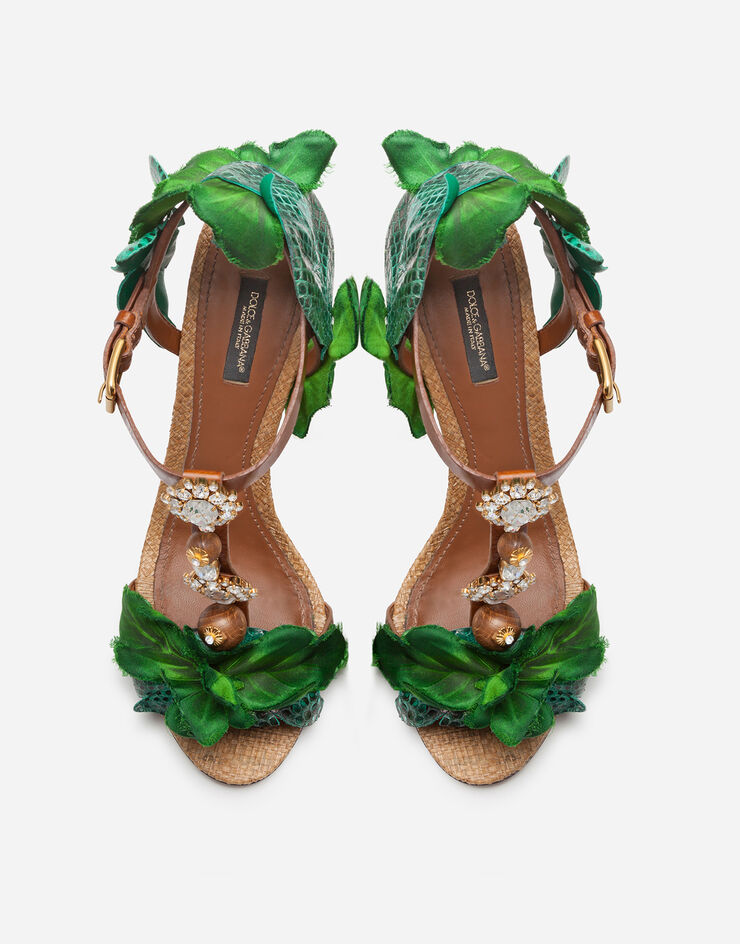 Dolce & Gabbana Sandals in cowhide with leaf appliqué and bejeweled embroidery BEIGE/VERT CR1044AX891